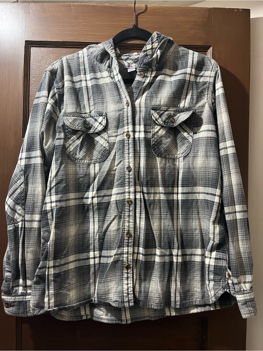 Carhartt women’s Grey Plaid Button-Up Hooded Flannel Shirt Large